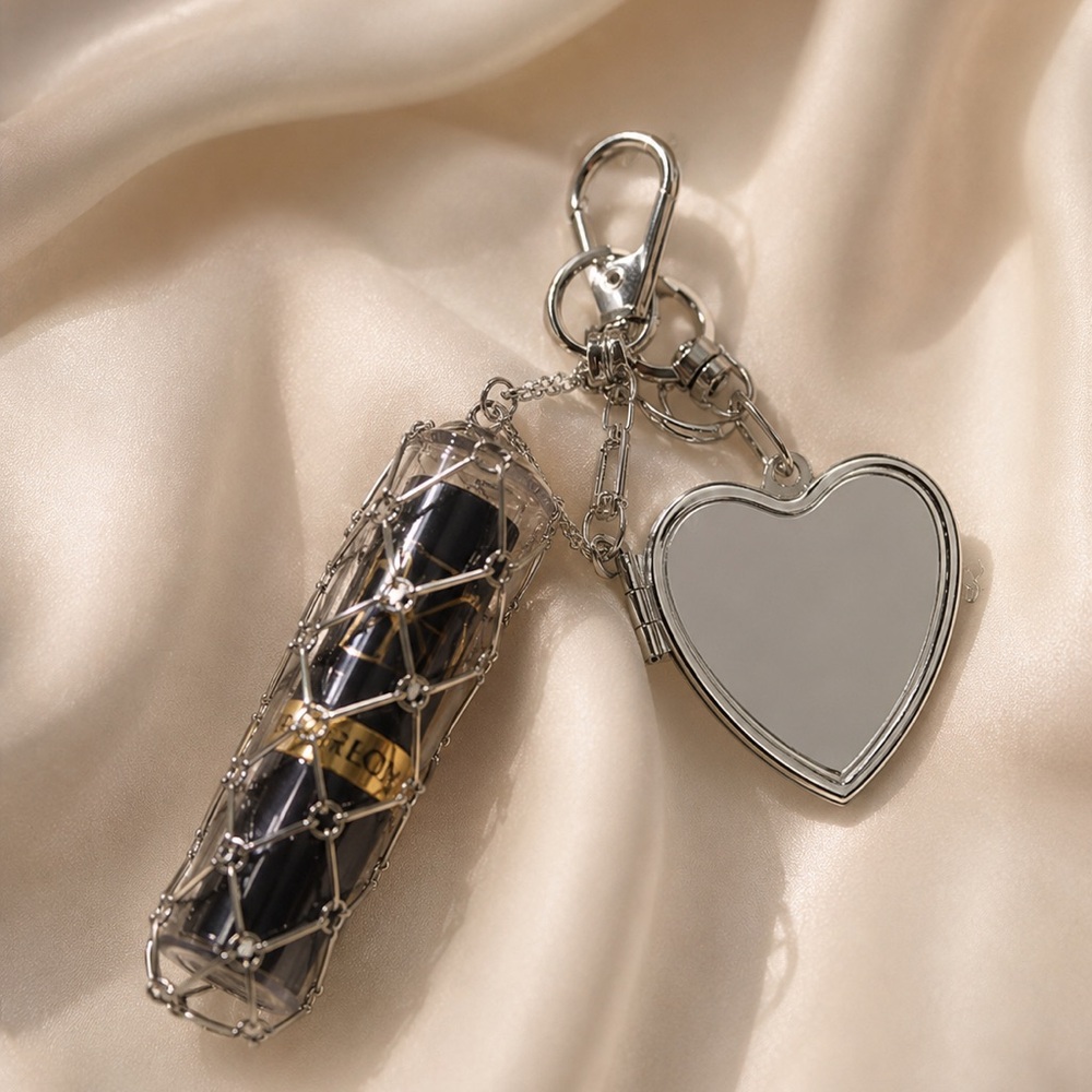 Zara Silver Heart Mirror & Lipstick Charm Keychain